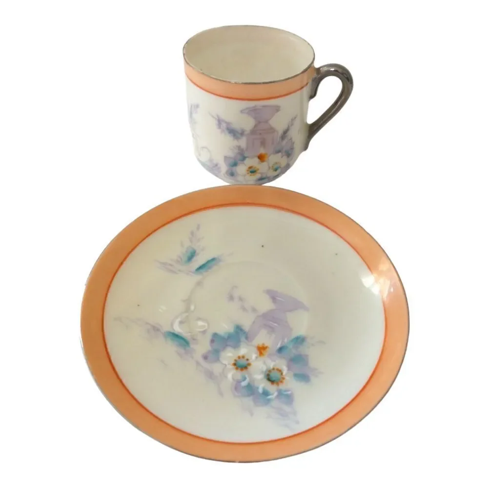 Lustreware Demitasse Espresso‎ Cup Saucer Hotta Yu Shoten Moriage Swans Floral.